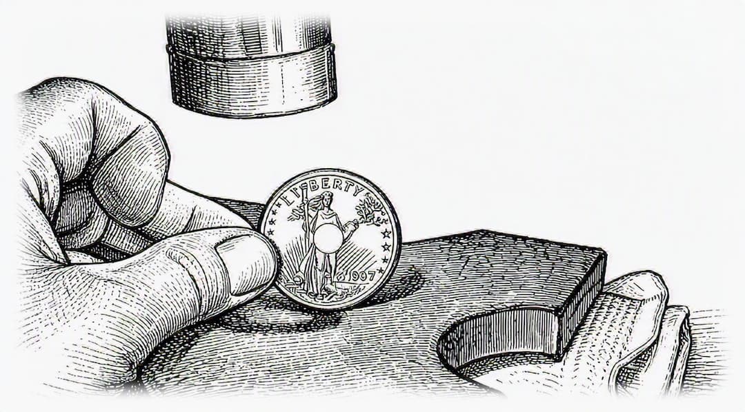 Black and white illustration of a hand holding a coin, with a hammer and workbench visible in the background.