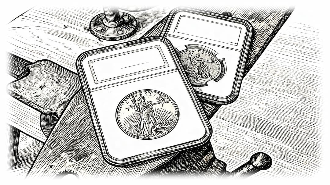 Black and white illustration showing two coin grading cases containing coins, placed on a wooden workbench with tools around them.