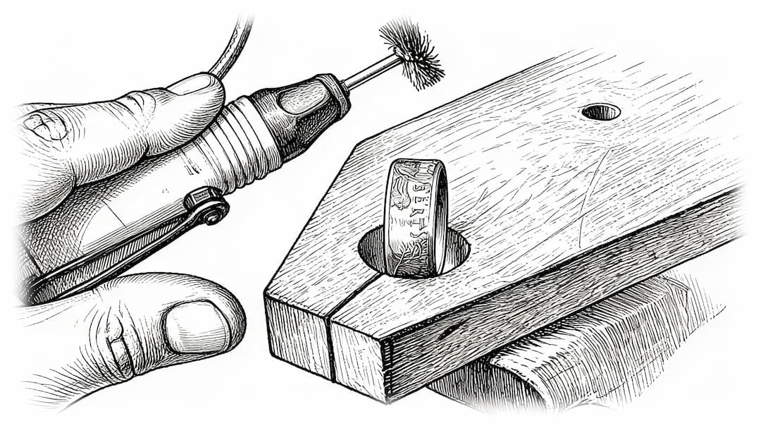 Black and white illustration showing a hand using a rotary tool with a small wire brush attachment to clean a coin ring sitting a wooden workbench.