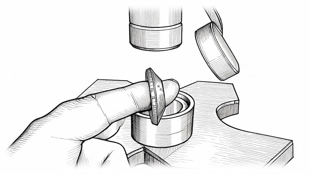 Black and white line art illustration of a hand placing a small circular object into a cylindrical holder on a workbench, with additional cylindrical components above.
