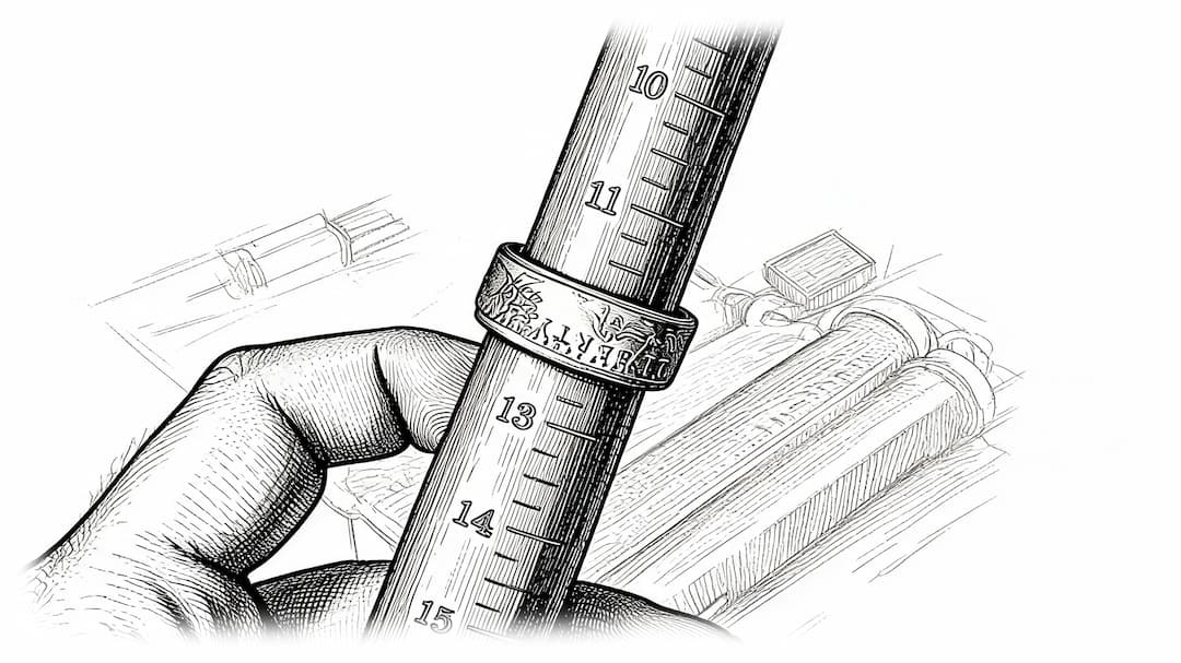 Black and white vintage engraving of a hand holding a ring sizing mandrel over a ring, with a blurred background of tools.
