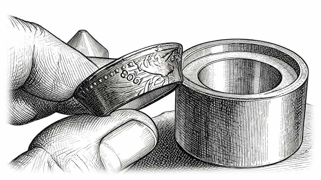 Black and white illustration showing a hand holding a small engraved coin ring next to a larger cylindrical metal ring.