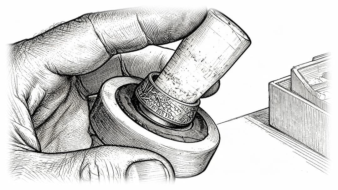 Black and white line art illustration of a hand holding a cylindrical cone over a circular base, with a small box visible on the right.
