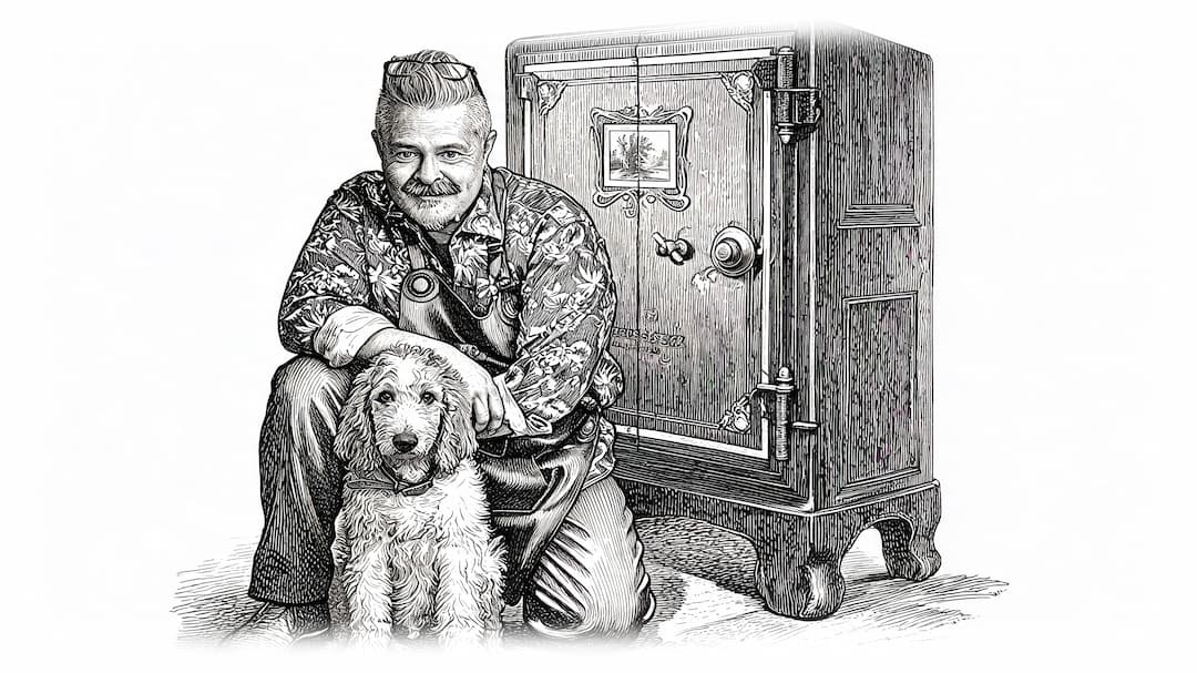 Black and white illustration of a Terry Ladd from Silver State Foundry kneeling beside a large vintage safe while holding his dog Donovan, rendered in a sketch-like engraved style on a white background.