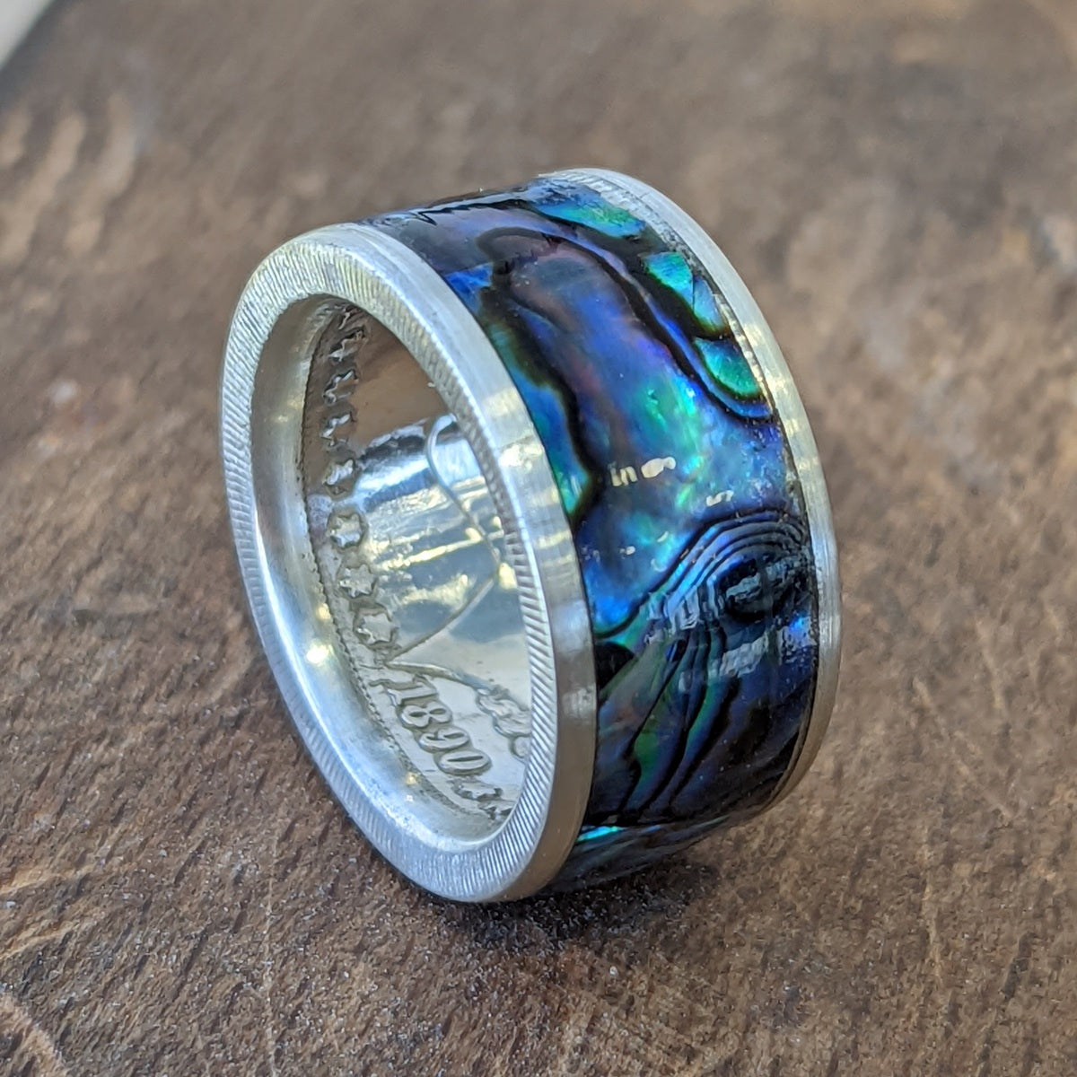 1890 Morgan Silver Dollar coin ring with paua shell inlay