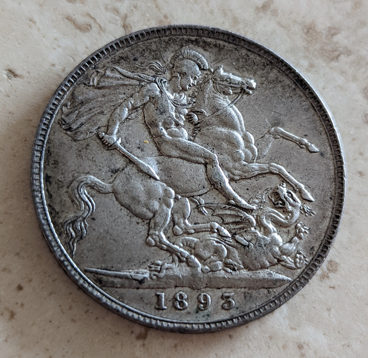 1893 British Crown coin - silver, Saint George slaying the dragon