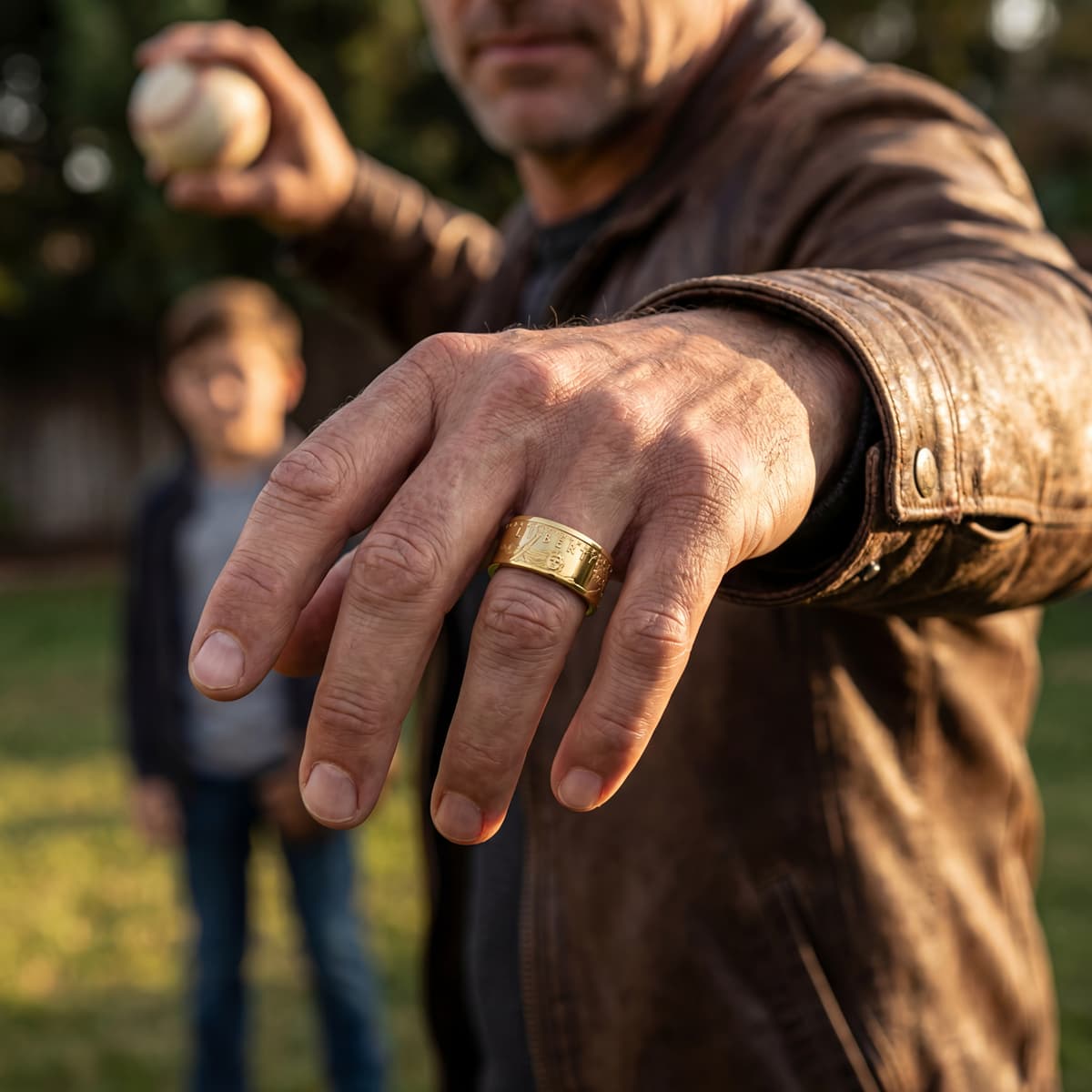 Man wearing an American gold eagle coin ring, wearing a leather jacket and throwing a baseball