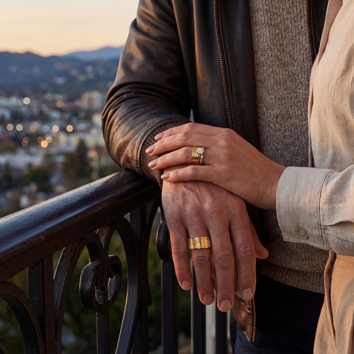 A married couple's hands wearing American Gold Eagle wedding bands, resting on a balcony railing above a European town