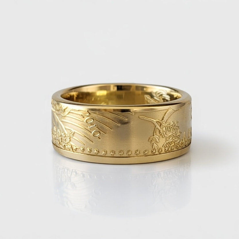 Half ounce American Gold Eagle coin ring laying flat with the date showing.