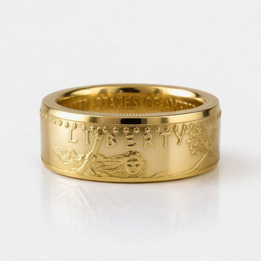 1oz American Gold Eagle coin ring laying flat with the face out.