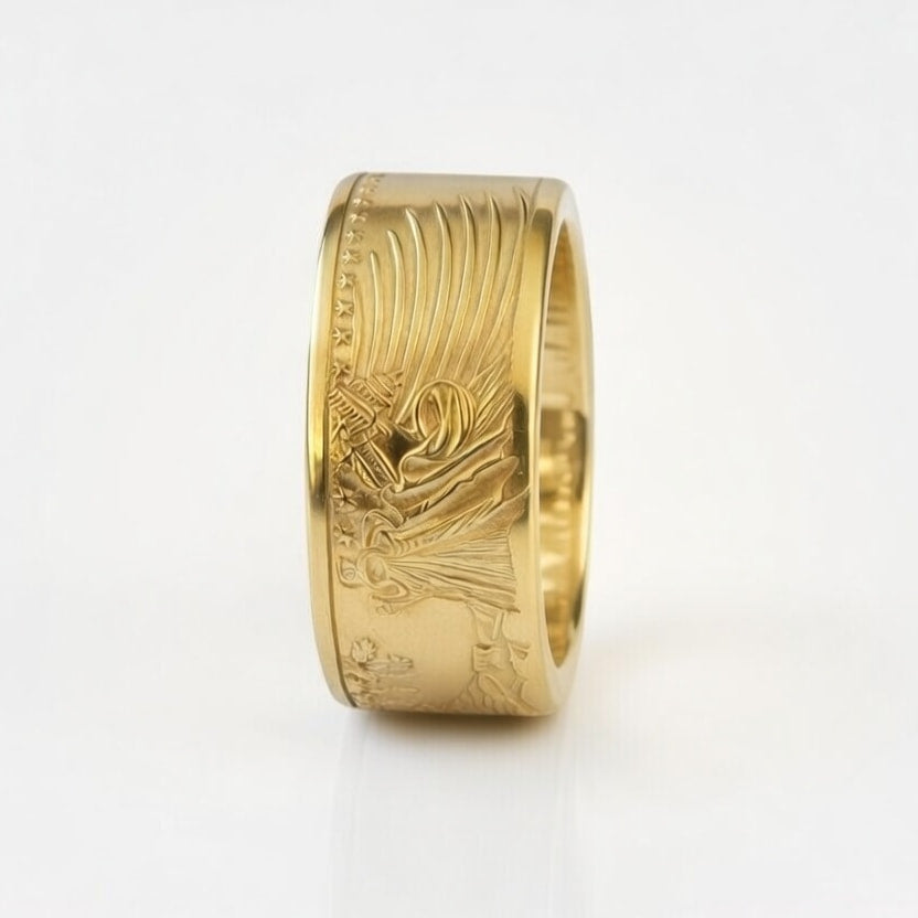 1oz American Gold Eagle coin ring standing on edge with the Capitol Building showing.