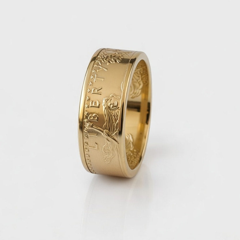 Custom gold coin ring hand-forged from a client-supplied gold coin, shown standing on edge.