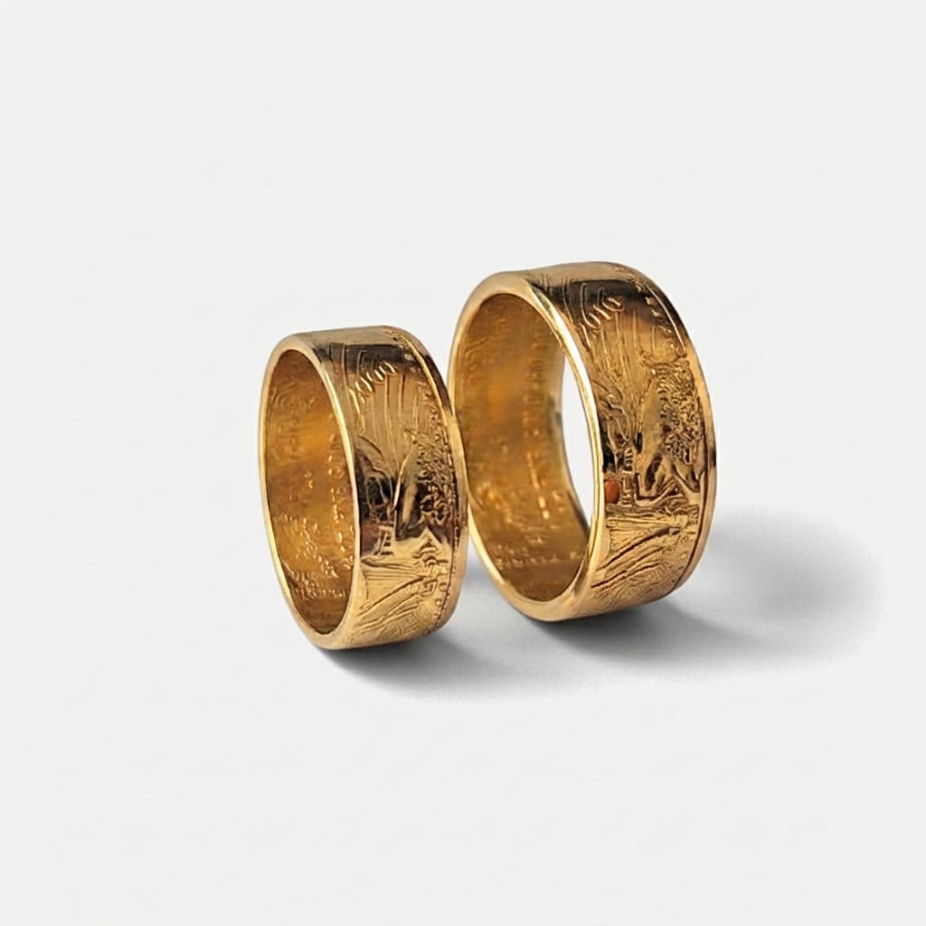 Half ounce and Full ounce American Gold Eagle coin rings - the American Gold Eagle Wedding Bands - standing upright and showing the date.