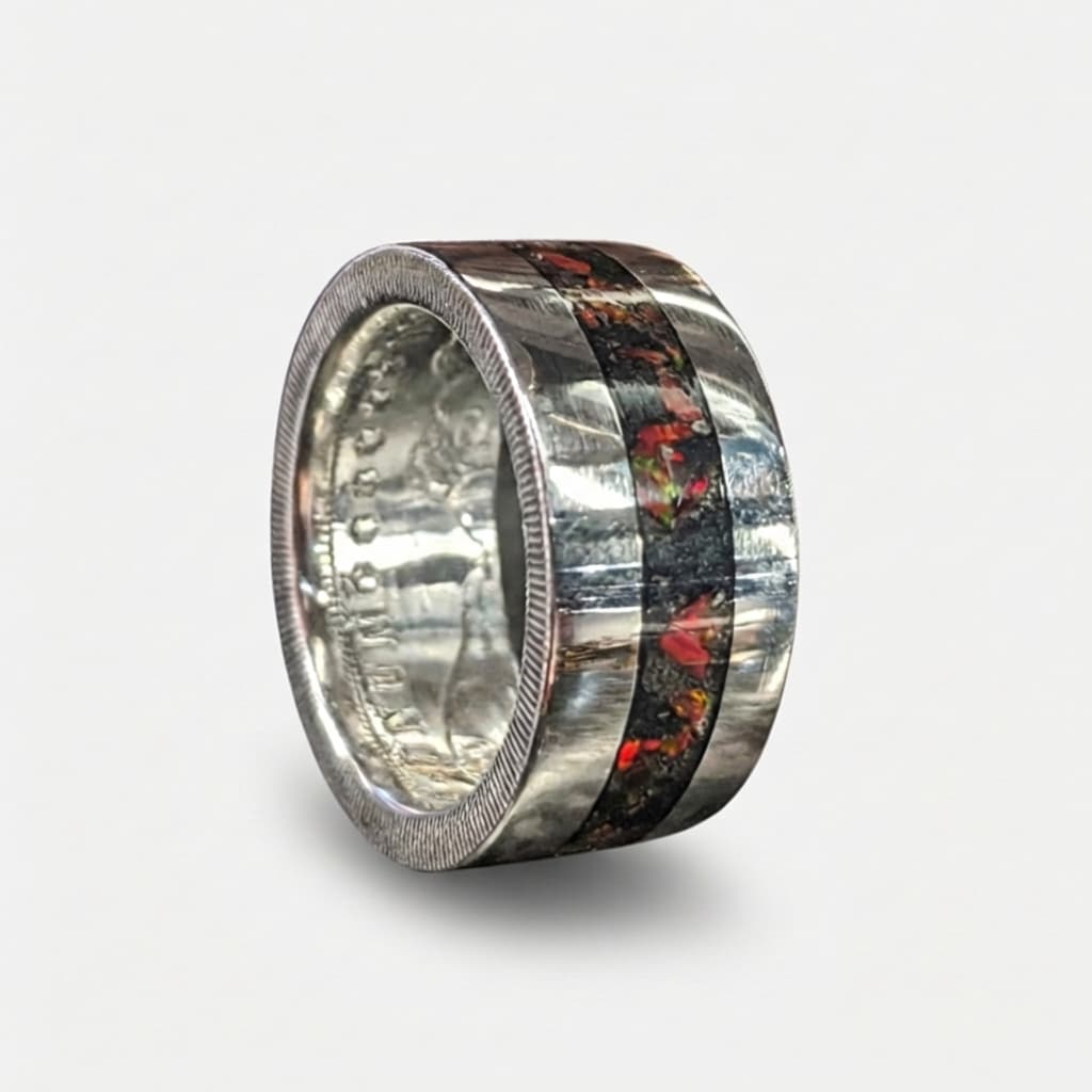 Crimson opal and cremation ash set into a Morgan Silver Dollar Coin Ring