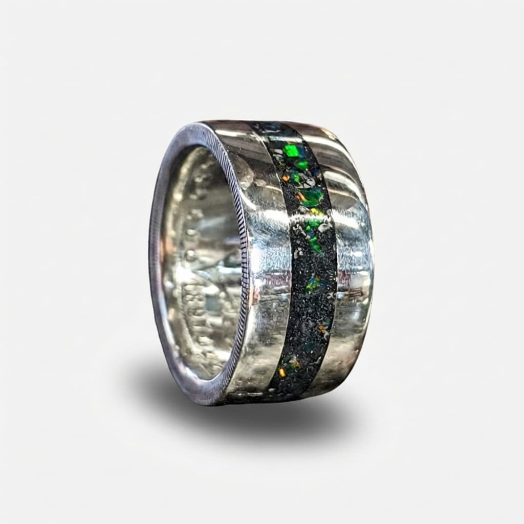 Dragon Scale Green opal and cremation ash set into a Morgan Silver Dollar Coin Ring