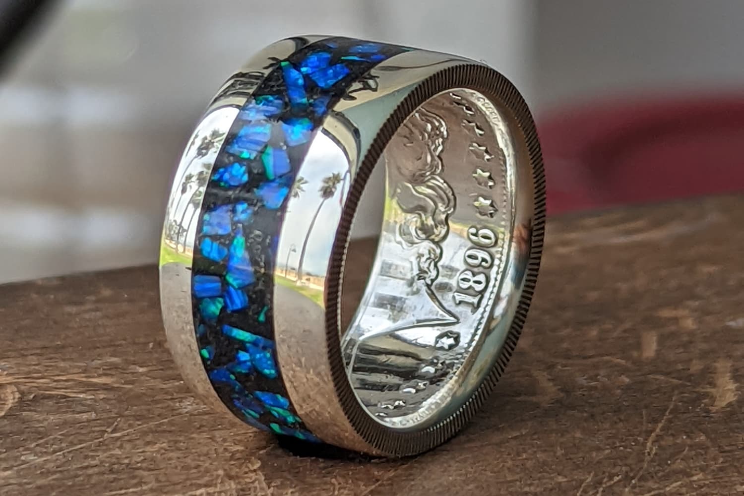 Azure blue opal inlay in a Morgan Silver Dollar coin ring