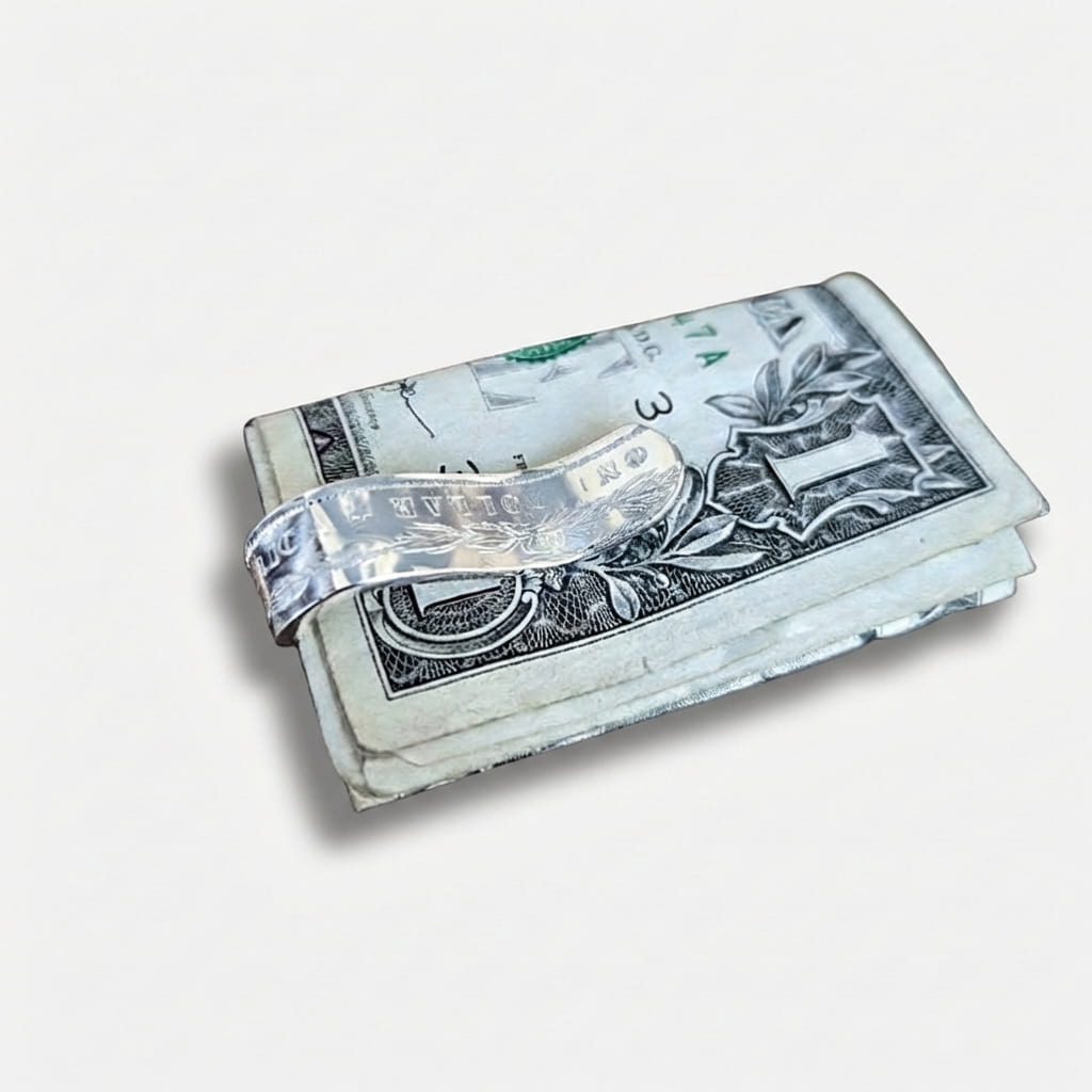 Morgan Silver Dollar money clip on a white background holding a few one dollar bills.