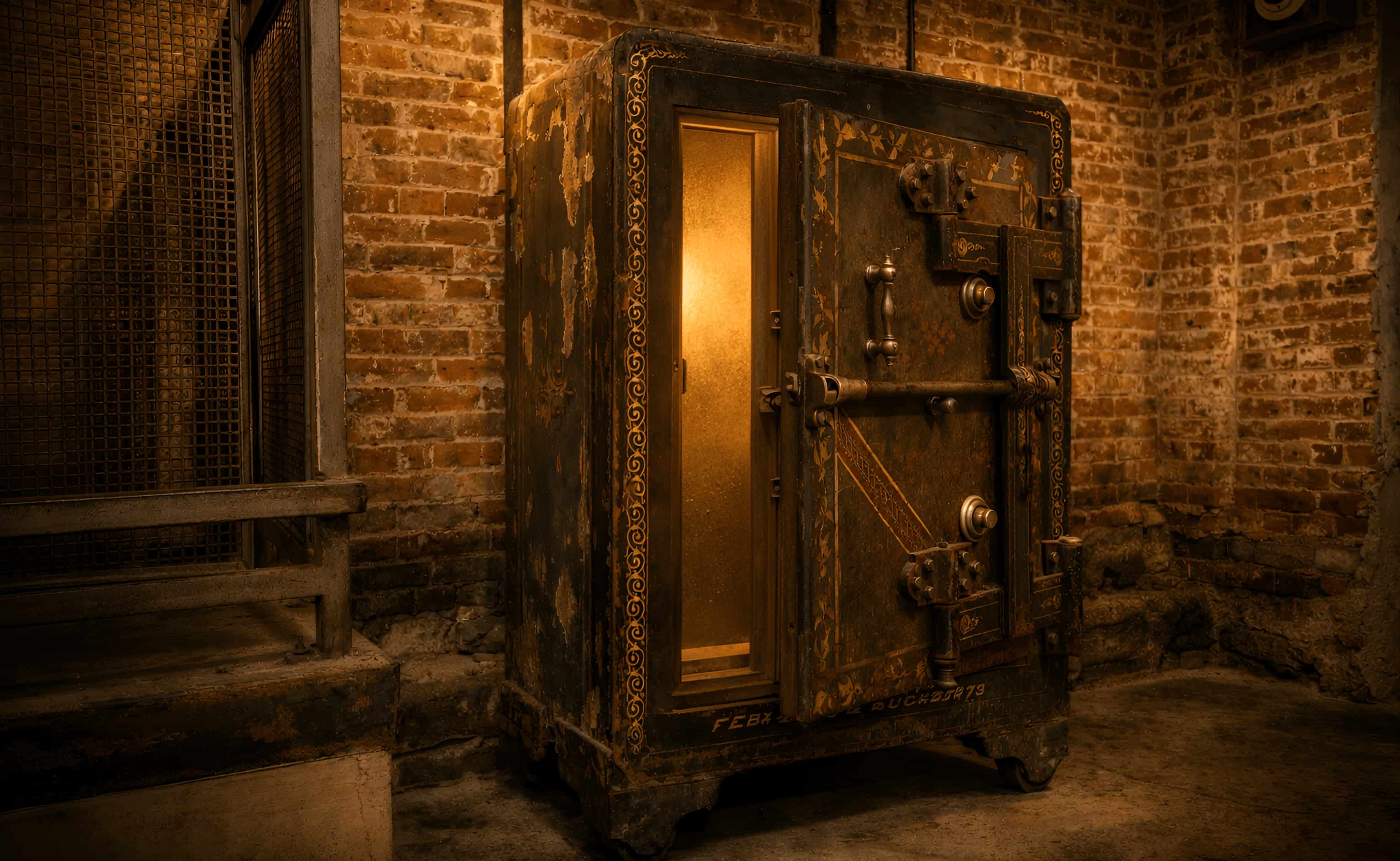 Silver State Foundry's antique vault, slightly open with gold light streaming out