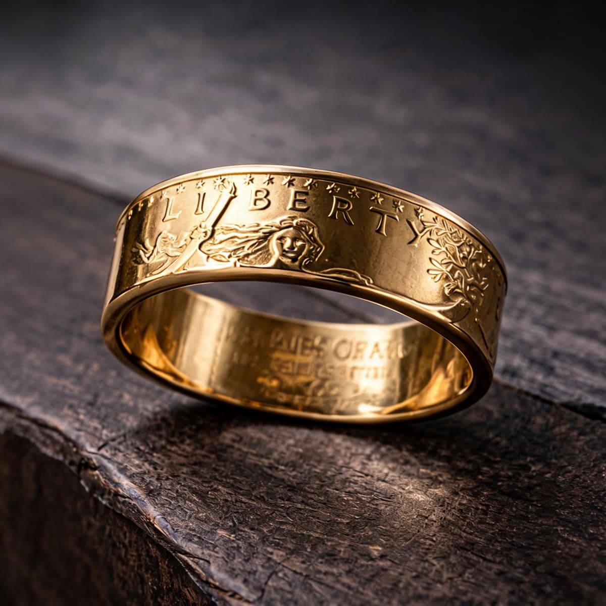 A gold coin ring engraved with 'LIBERTY' and a female figure, resting on a dark textured wooden surface.