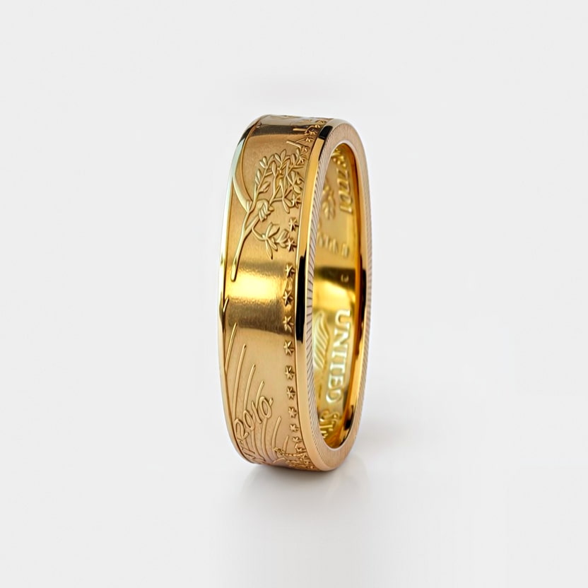 American Gold Eagle coin ring made from a quarter ounce gold coin, standing on edge and showing the date