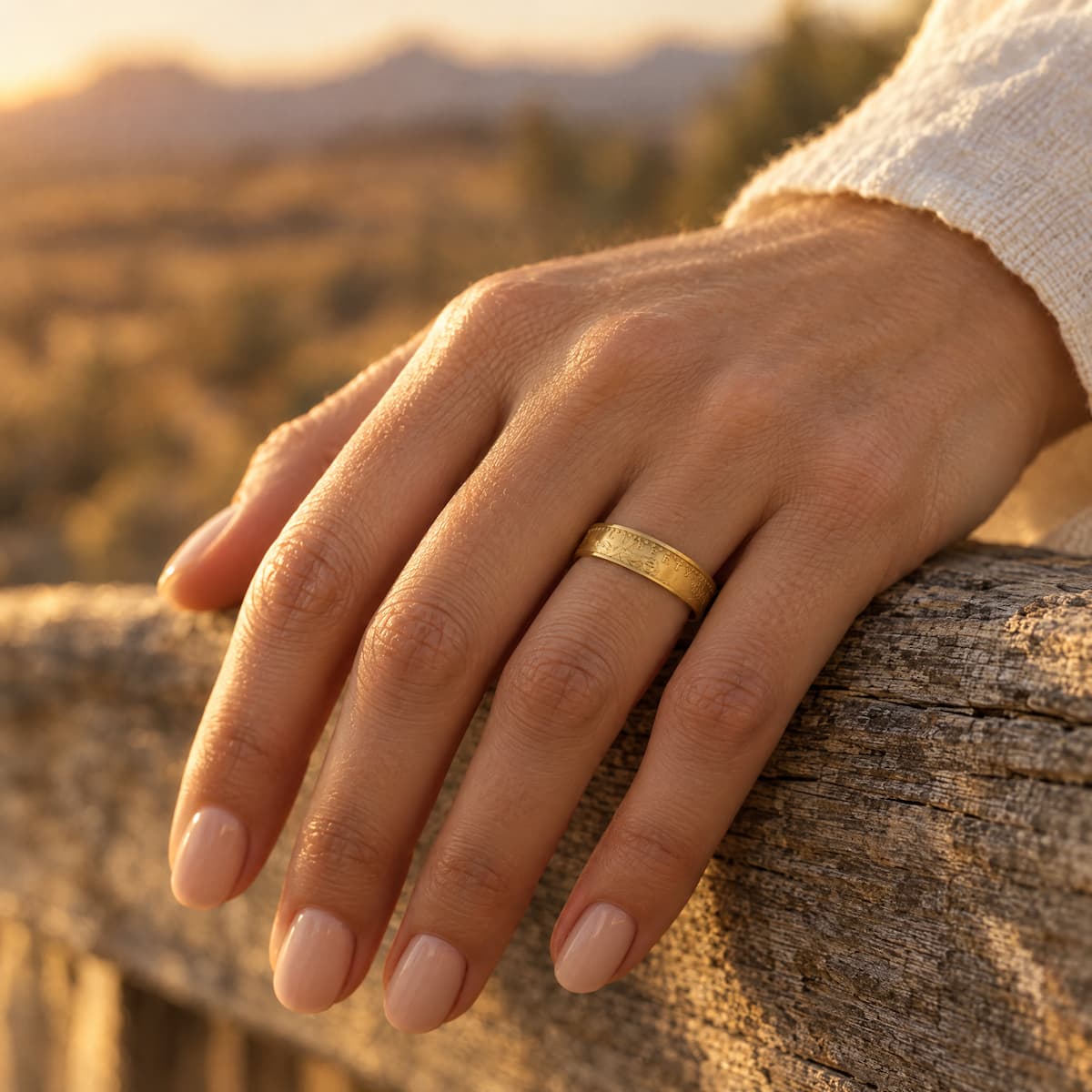 woman's hand wearing a gold ring resting on a wooden fence.