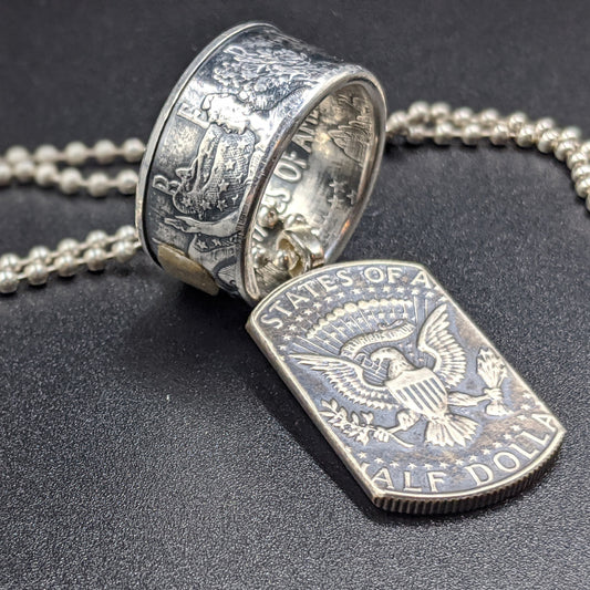 Silver Eagle Coin Ring & American Pride Dog Tag Necklace