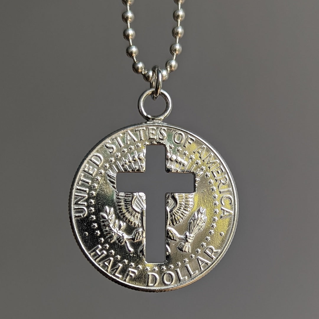 JFK Half Dollar Pendant with Christian Cross Cutout
