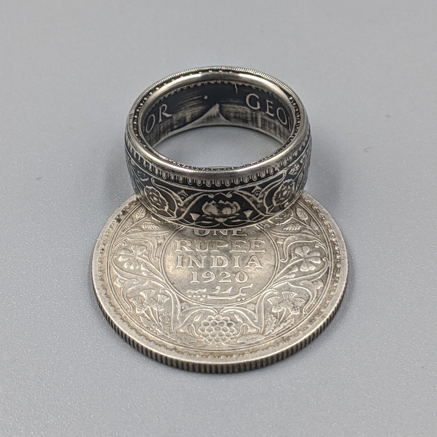 Silver British India One Rupee Coin Ring - 1911-1939