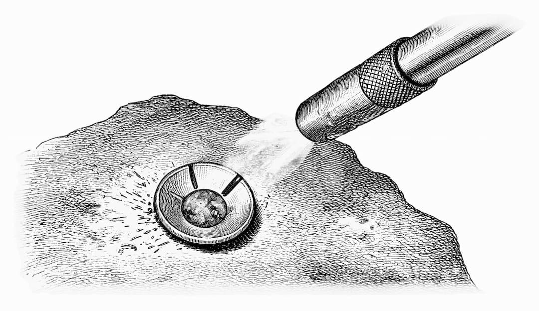 Black and white line art illustration depicting a torch directing heat onto a circular coin on a textured surface.