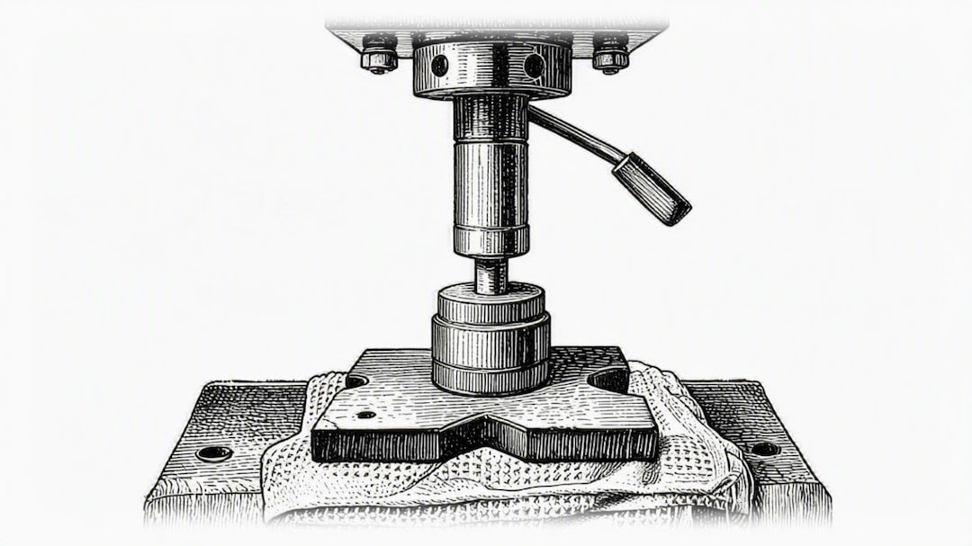 Black and white technical illustration of a mechanical press or clamp assembly with a lever handle, shown against a plain white background.