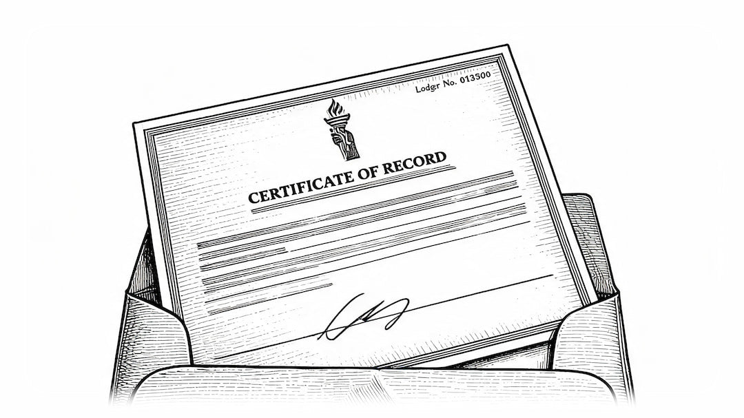 A black and white line art illustration of a Certificate of Record document held inside a paper envelope or folder.