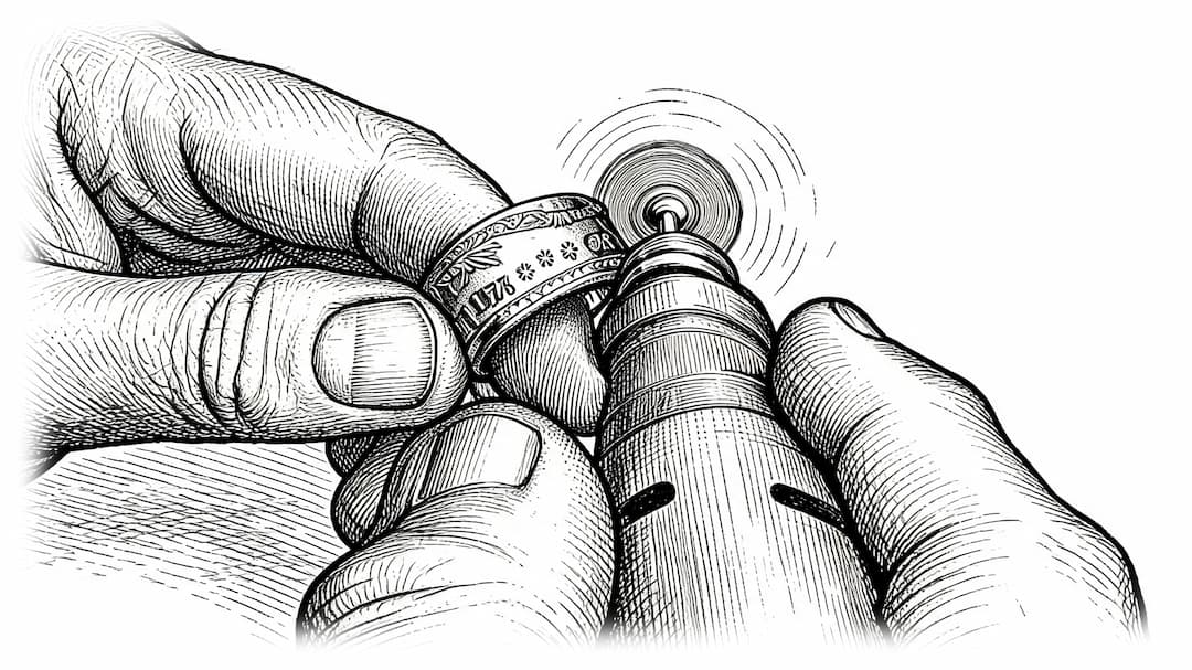 Black and white hand-drawn illustration of a person's hands using a rotary tool to finish a coin ring.