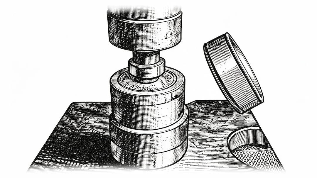 A black and white engraved illustration of a cylindrical metal container or press assembly with stacked circular components, a hinged lid leaning against it, and a small circular opening on a plain white background.