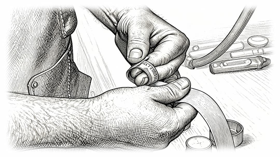 Black and white hand-drawn illustration showing a close-up of a person's hands wrapping a coin with protecting tape, with tools in the background.