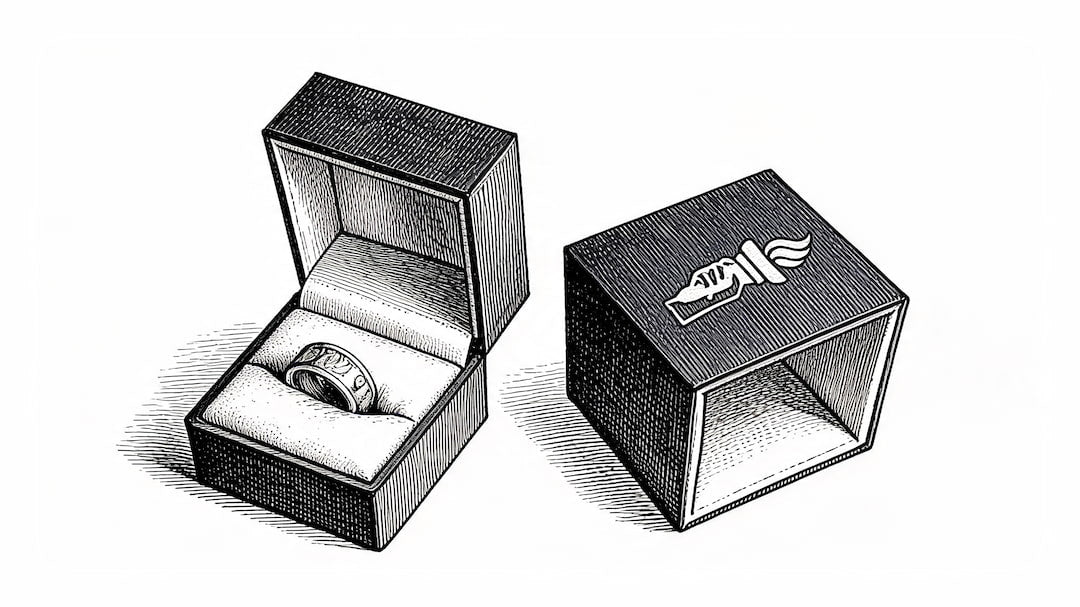 A black and white engraved illustration showing two jewelry boxes on a plain white background. One box is open, displaying a coin ring inside, and the other box is closed with a stylized logo of Silver State Foundry on the lid.