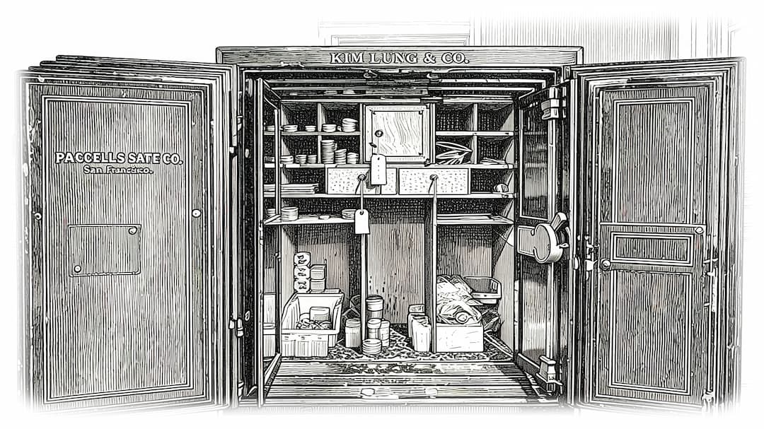 A black and white vintage illustration showing an open safe with its doors swung open, revealing shelves stocked with boxes and containers. The left door is labeled 'PACELUG SAFE CO.