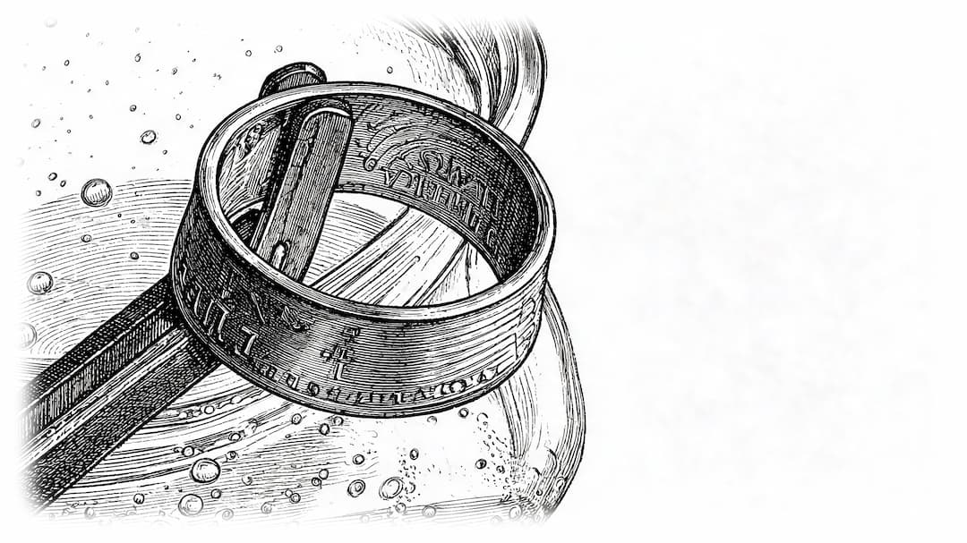 A black and white engraved illustration of a metal ring with a wooden or bone-like insert, shown on a plain white background with decorative bubble-like line details.