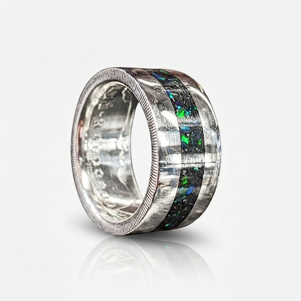 Black Emerald opal and cremation ash set into a Morgan Silver Dollar Coin Ring
