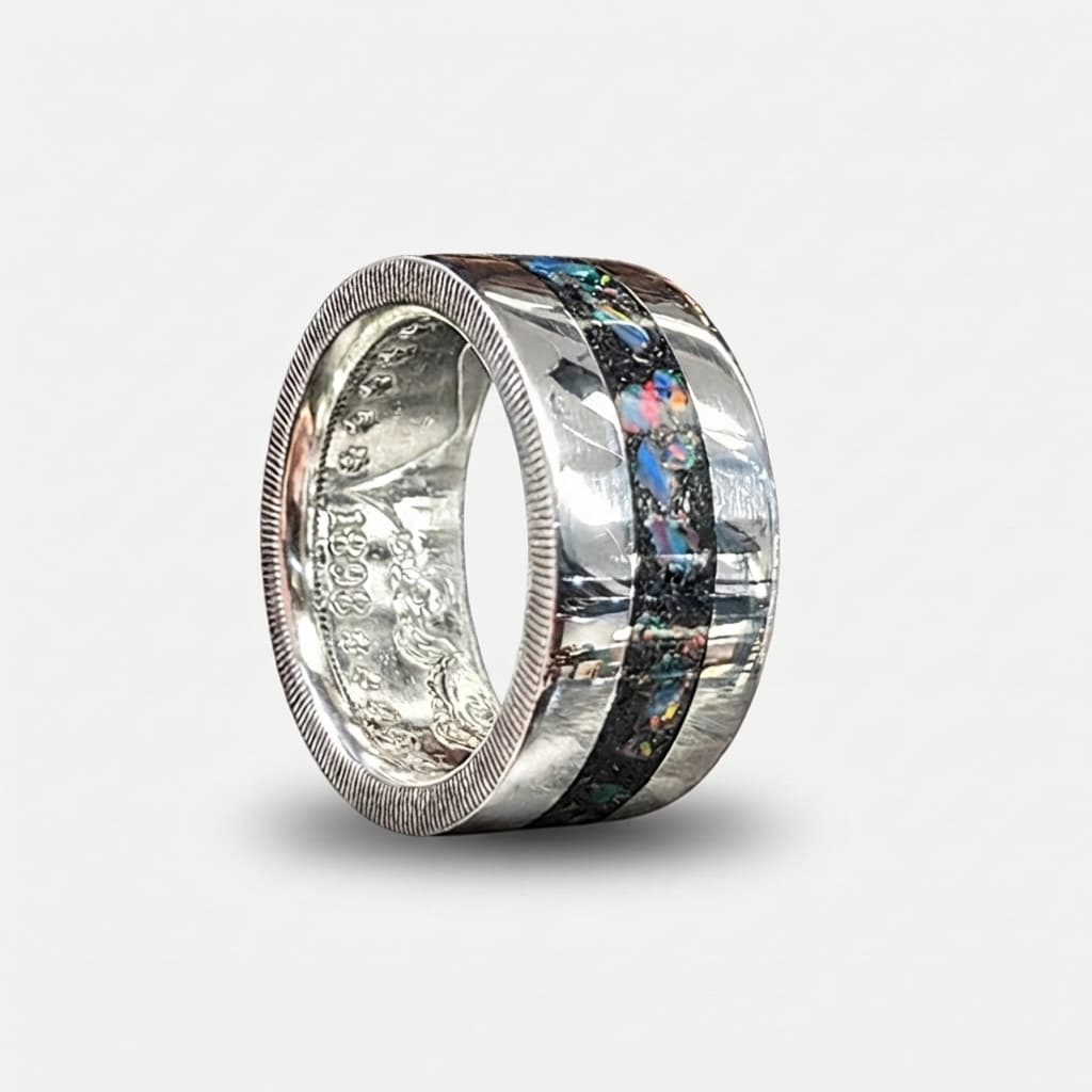 Fire Blue opal and cremation ash set into a Morgan Silver Dollar Coin Ring