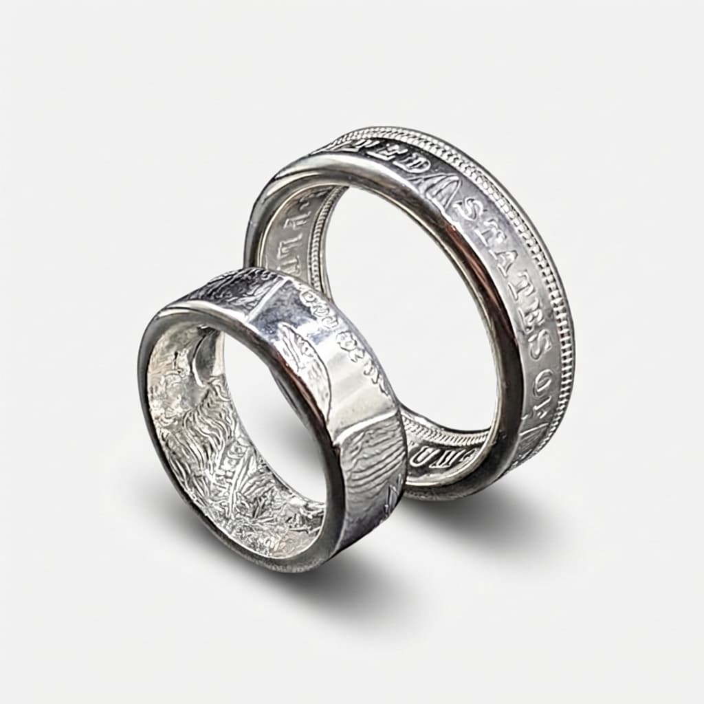 The Morgan Silver Dollar wedding set - two rings form one Morgan Silver Dollar Coin -standing upright on a white background with the faces displaying the face of the coin.