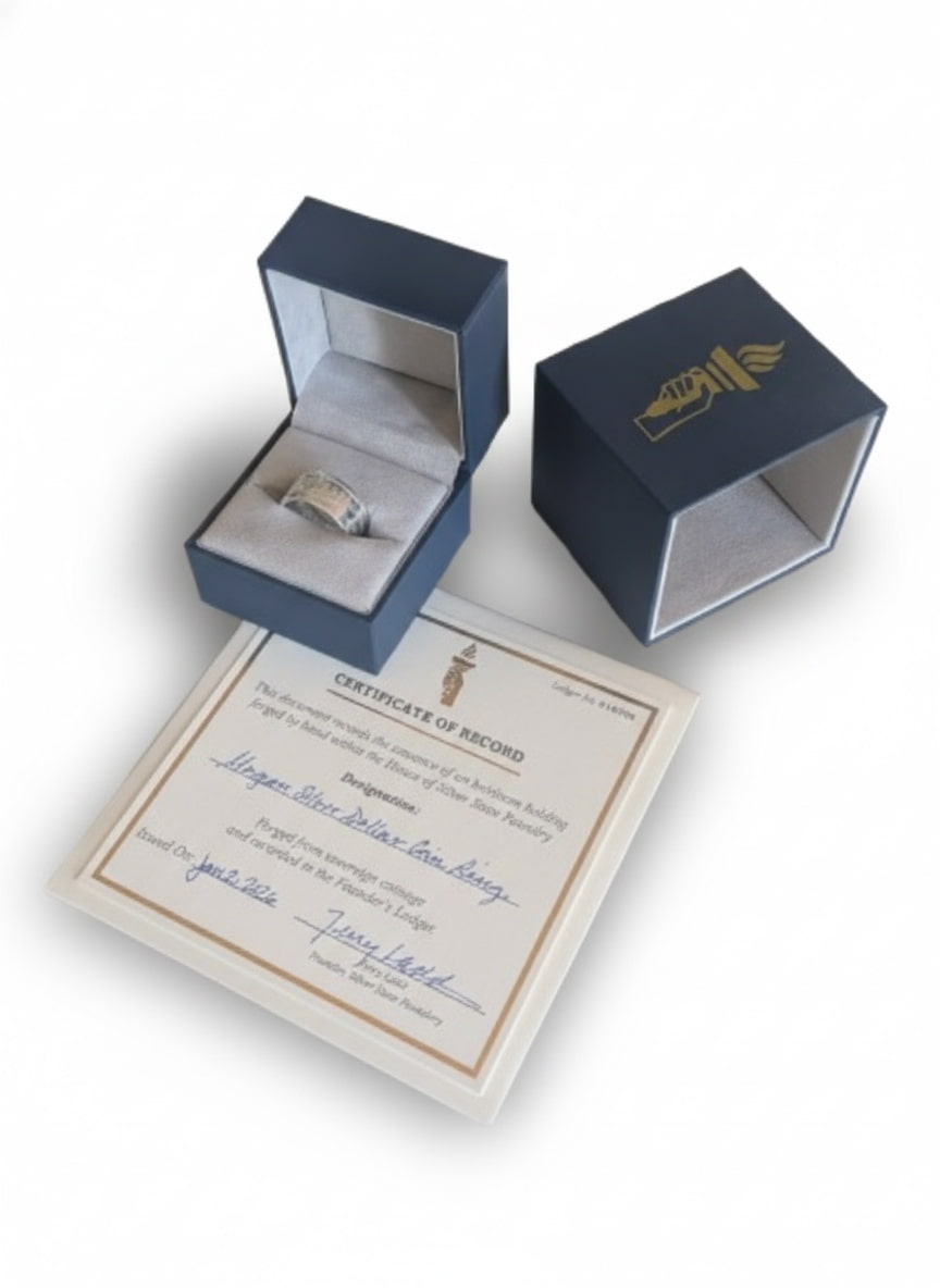 Blue jewelry box with a ring and certificate on a white background