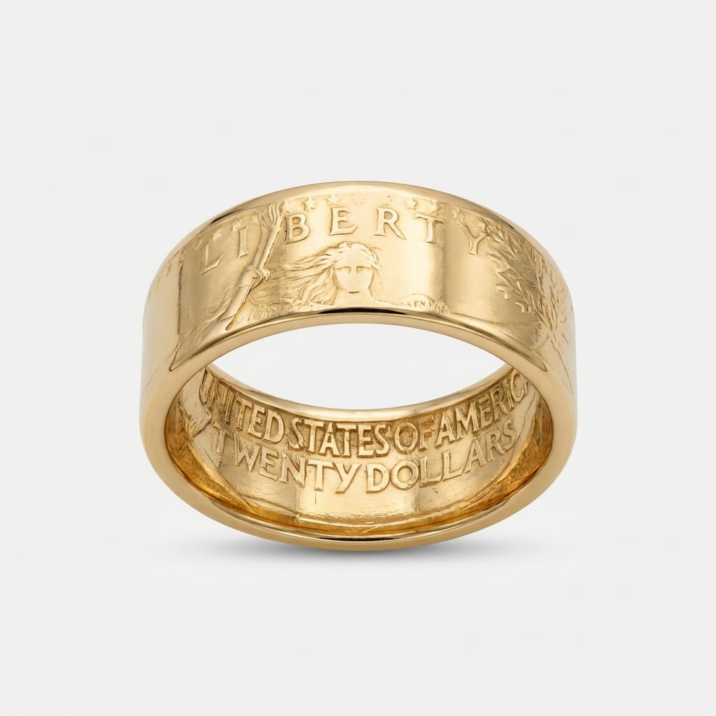 Pre-1933 Saint Gaudens Gold Eagle coin ring standing on edge with the face showing.