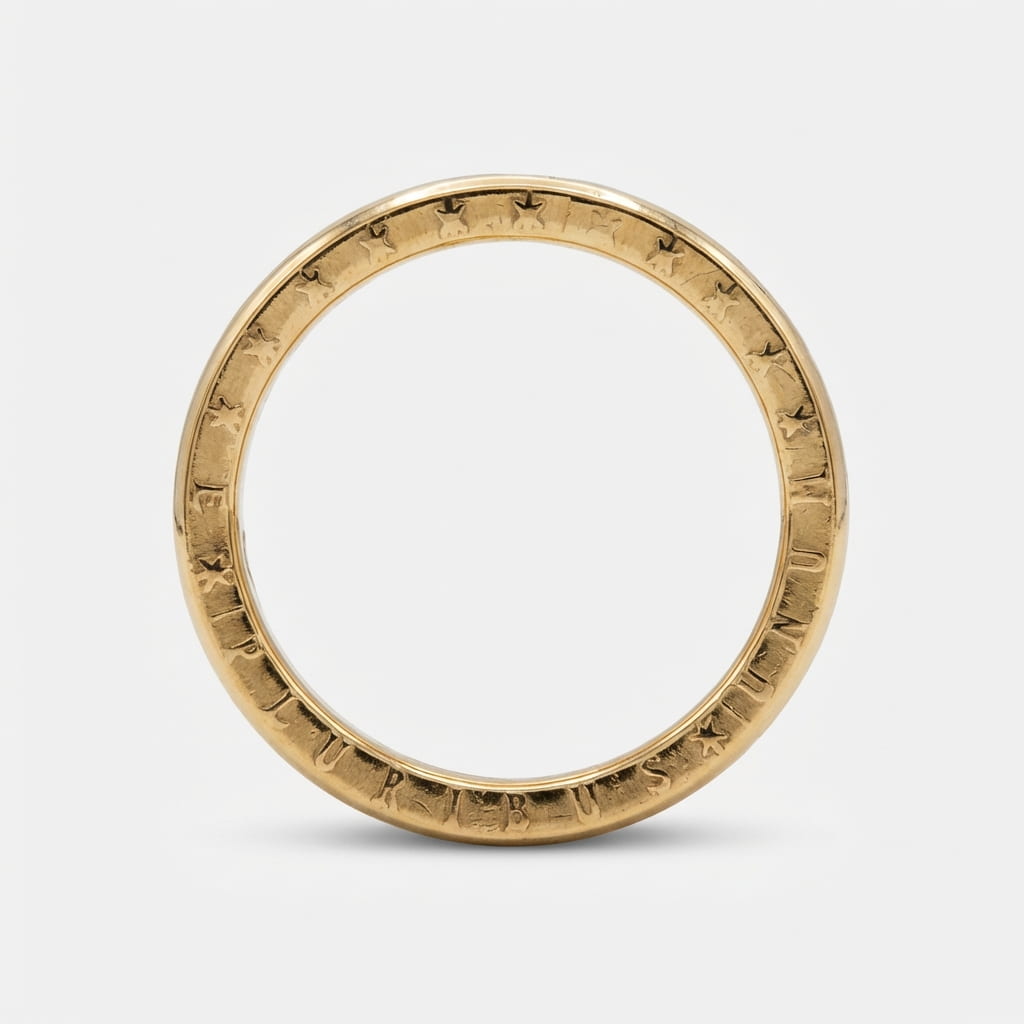 Pre-1933 Saint Gaudens Gold Eagle coin ring standing on edge displaying the edge stamp (E PLURIBUS UNUM + 13 stars).