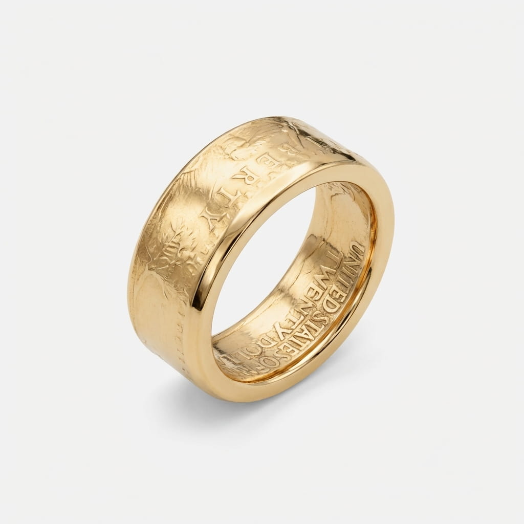 Pre-1933 Saint Gaudens Gold Eagle coin ring standing on edge at an angle with the face showing.