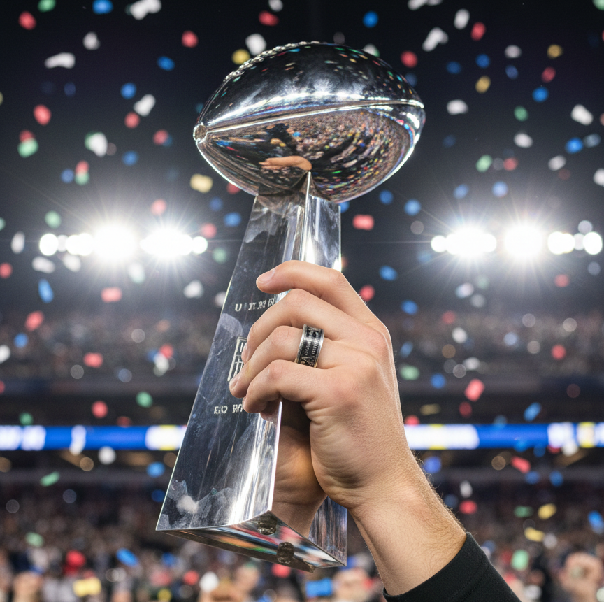 The Suberbowl trophy being held up in celebration, the hand holding it wearing a Morgan Silver Dollar Coin Ring.