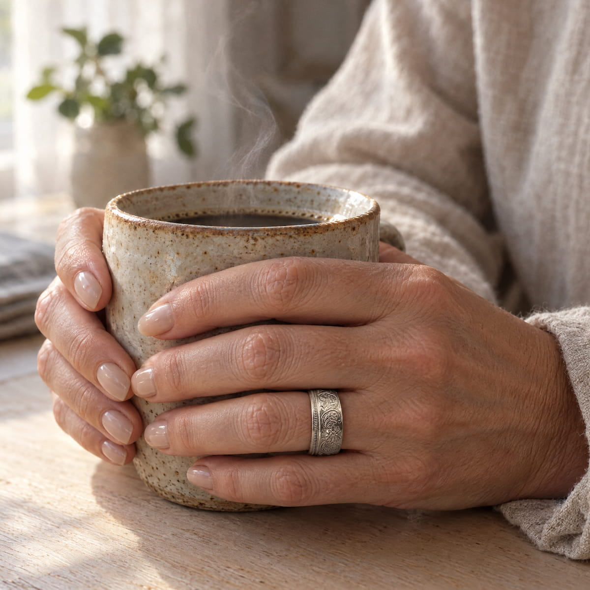 Woman wearing a silver coin ring, holding a mug of coffee