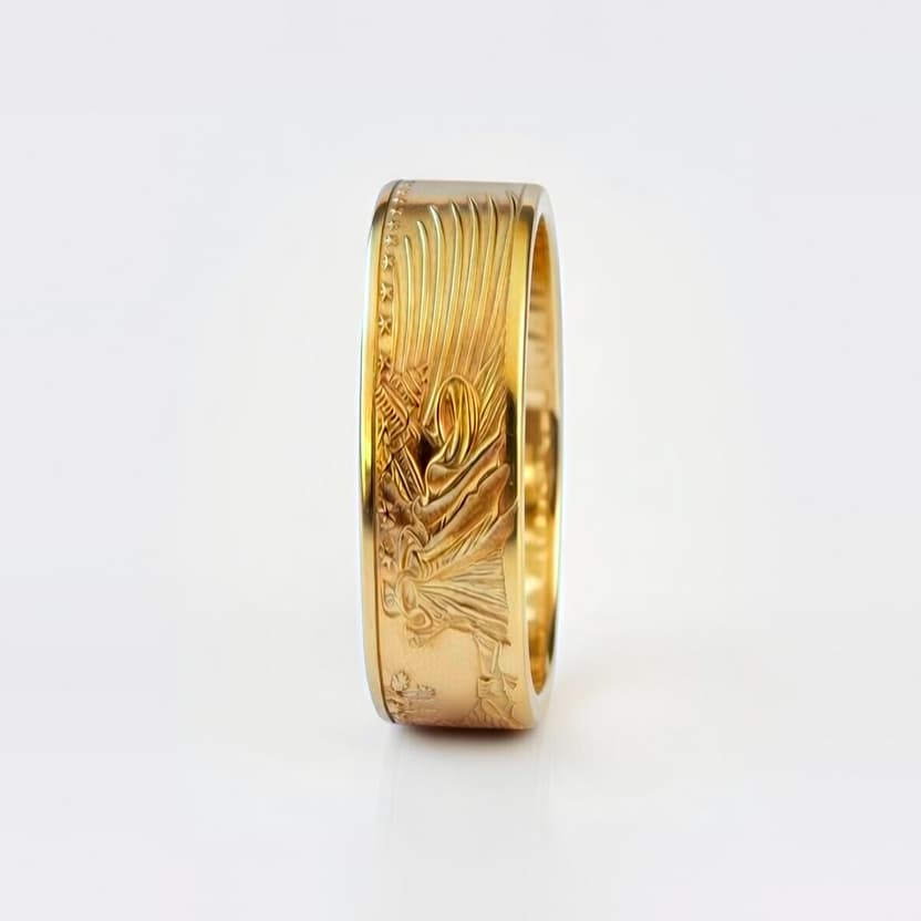 American Gold Eagle coin ring made from a quarter ounce gold coin, standing on edge and showing the Capitol Building detail.