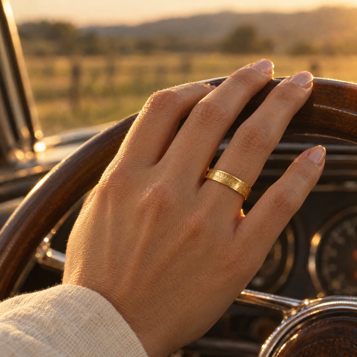 gold ring on a woman's hand grasping a wooden steering wheel of a vintage car.
