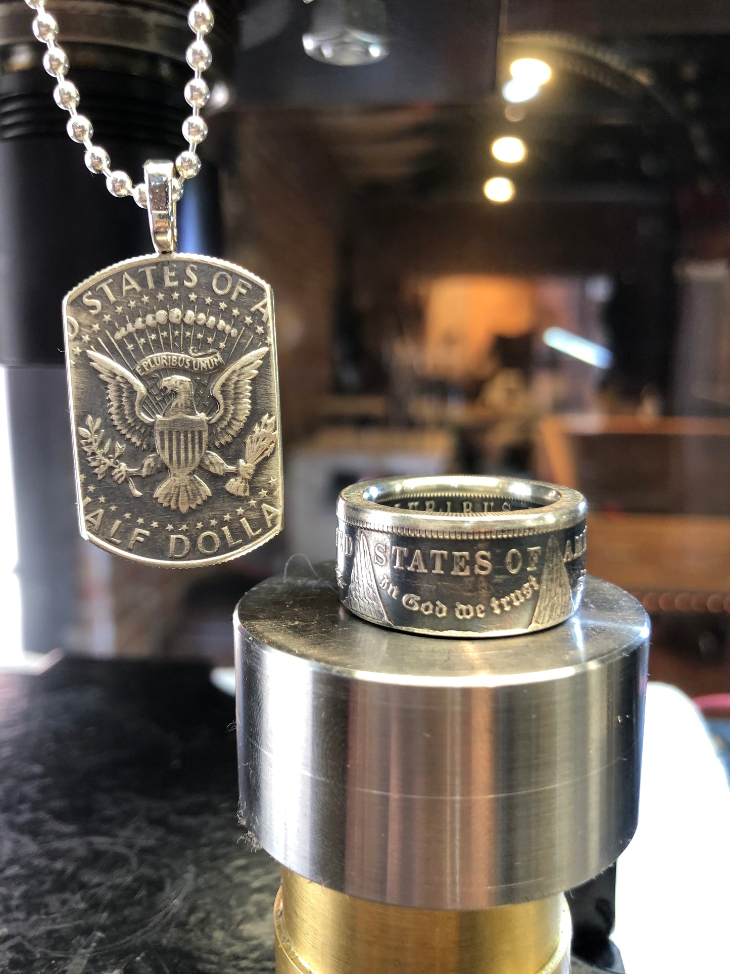 Morgan Silver Dollar Coin Ring & American Pride Dog Tag Necklace