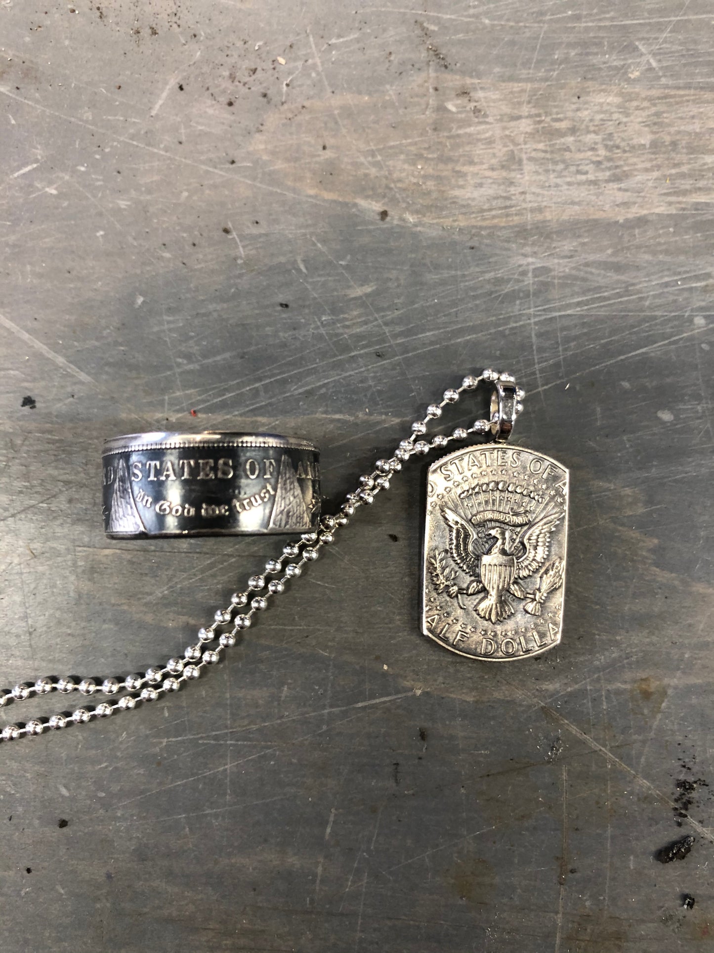 Morgan Silver Dollar Coin Ring & American Pride Dog Tag Necklace